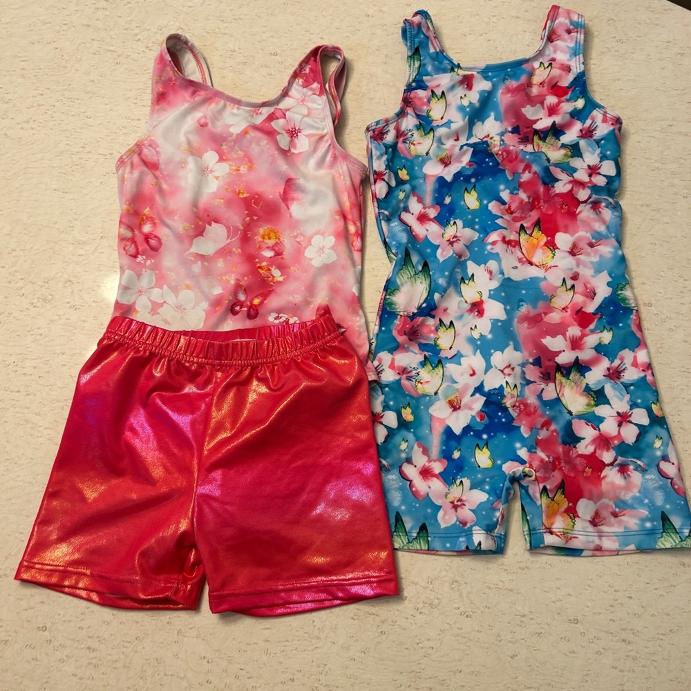 Girls Floral Leotard & Shorts Set - Pink and Blue